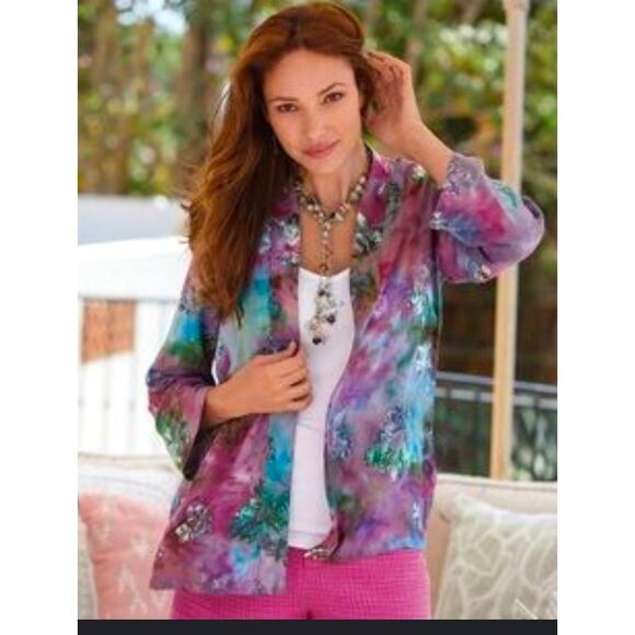 Soft Surroundings Watercolor Floral Batik Topper Kimono Sz. L - Picture 2 of 8